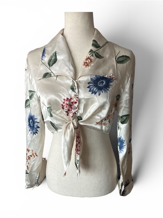 Eminence Tops - Vintage Tie-Front Satin Floral Blouse - Cream with Blue & Green Print